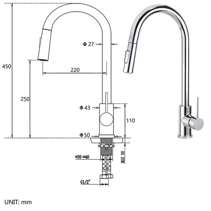 Pull Out Kitchen Sink Mixer Tap Chrome 2 Mode Faucet