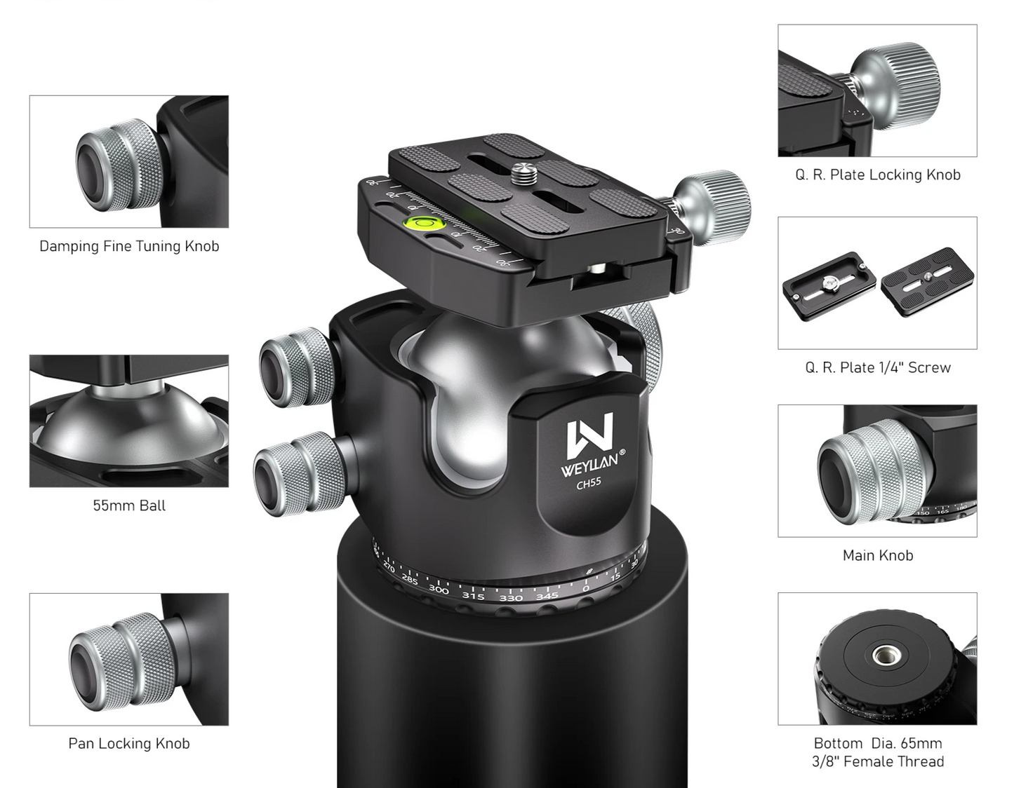 55mm Professional Tripod Ball Head Low Gravity Mount