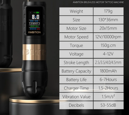 Wireless Silver Tattoo Pen with Adjustable Stroke and 1800mAh Battery