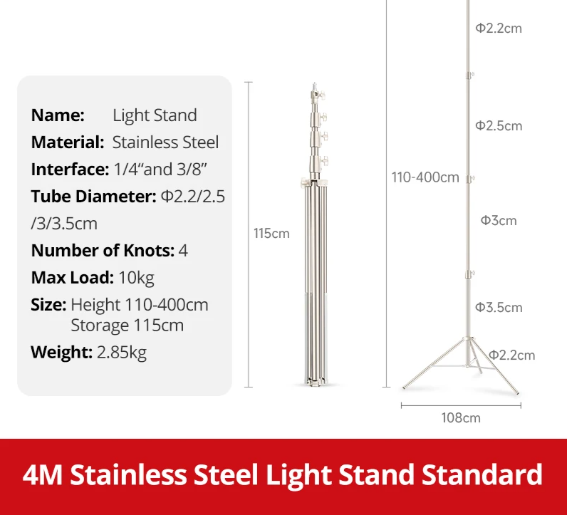 Stainless Steel 4m Studio Light Stand Tripod 10kg