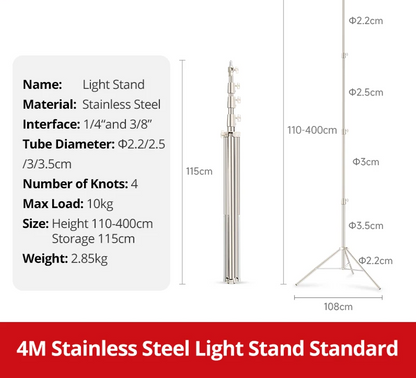 Stainless Steel 4m Studio Light Stand Tripod 10kg