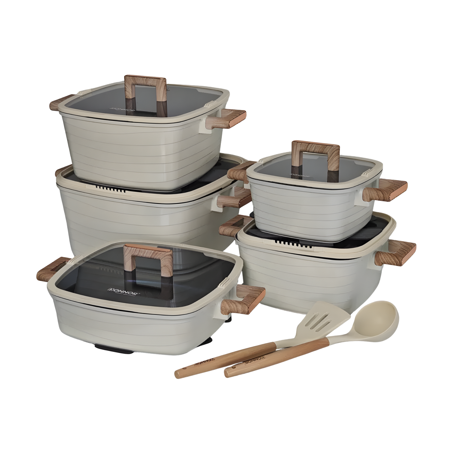 15 Piece Non-Stick Cookware Set Square Pots Frying Pan White
