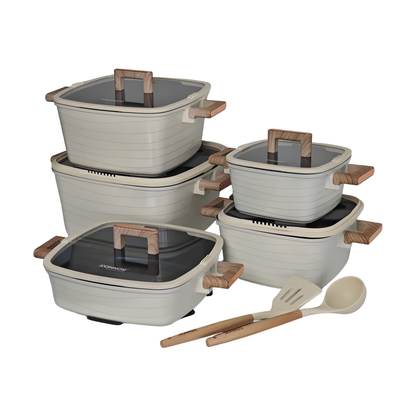 15 Piece Non-Stick Cookware Set Square Pots Frying Pan White