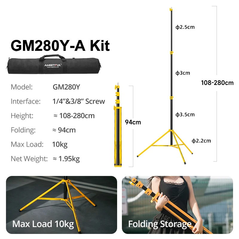280cm Air Cushioned Light Stand 10kg Tripod