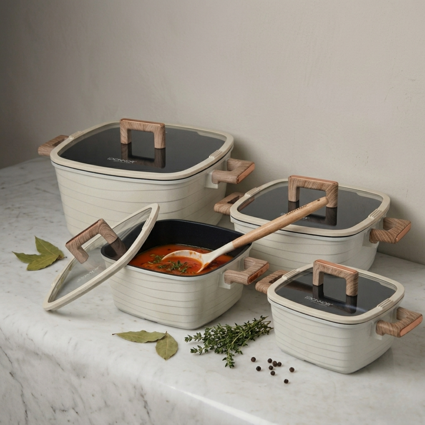 15 Piece Non-Stick Cookware Set Square Pots Frying Pan White