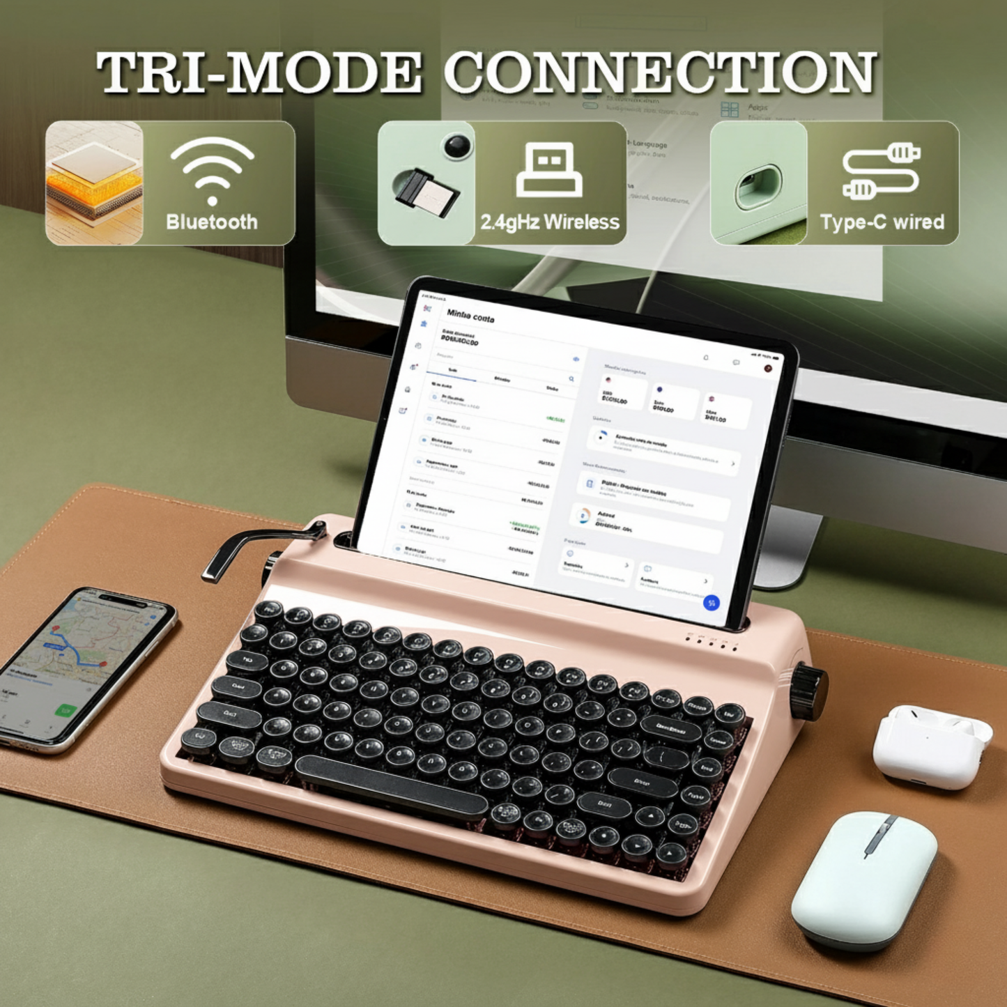 Wireless Retro Mechanical Keyboard Pink RGB Typewriter Style Linear Switch