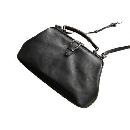 Black Leather Vintage Doctor Bag Spacious Women's Shoulder Purse
