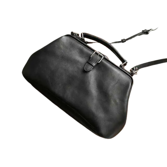 Black Leather Vintage Doctor Bag Spacious Women's Shoulder Purse