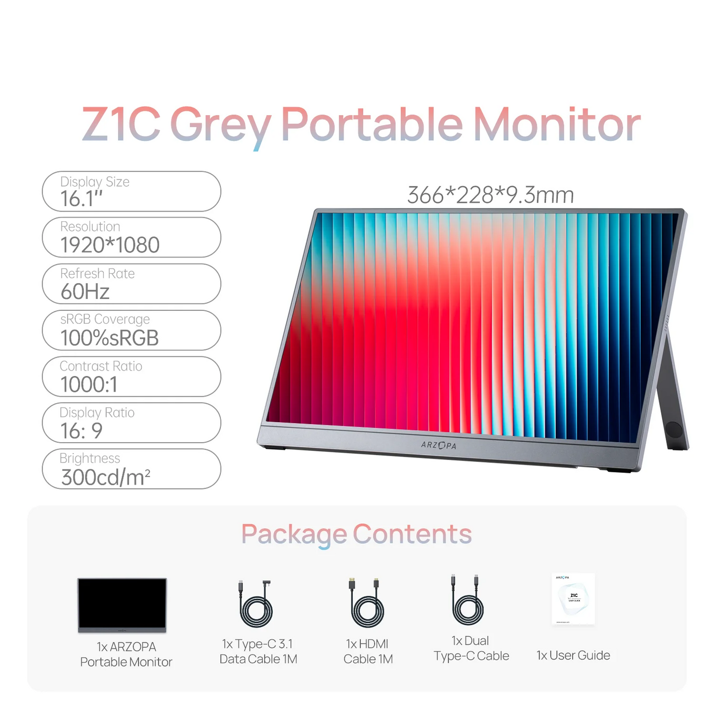 16.1 Inch Portable Monitor 1080p FHD 100% sRGB