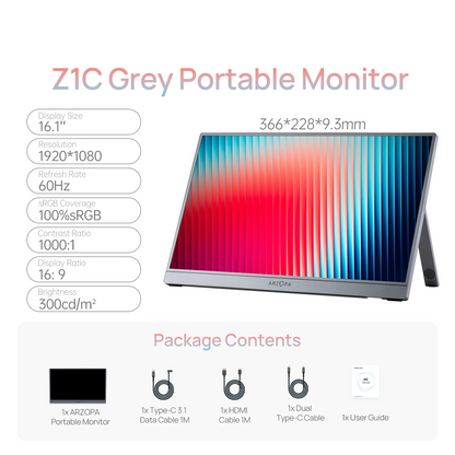 16.1 Inch Portable Monitor 1080p FHD 100% sRGB