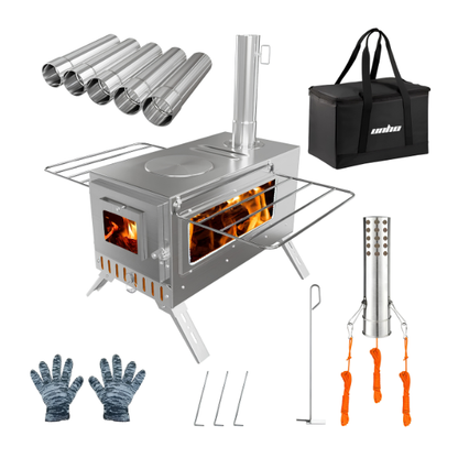 Portable Wood Burning Tent Stove with 6 Chimney Pipes