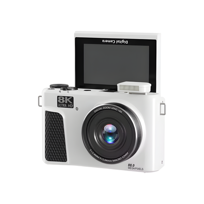 8K 88MP WiFi Digital Camera White 18x Zoom Flip Screen