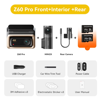 Three Channel 4K Dash Cam Front Rear Interior