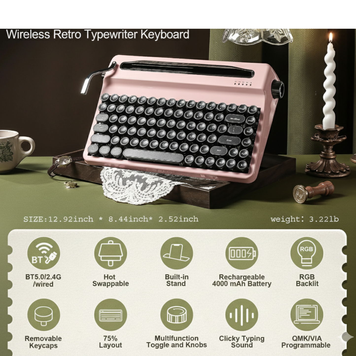 Retro Pink Wireless Mechanical Keyboard Tactile Hot Swap RGB Keys