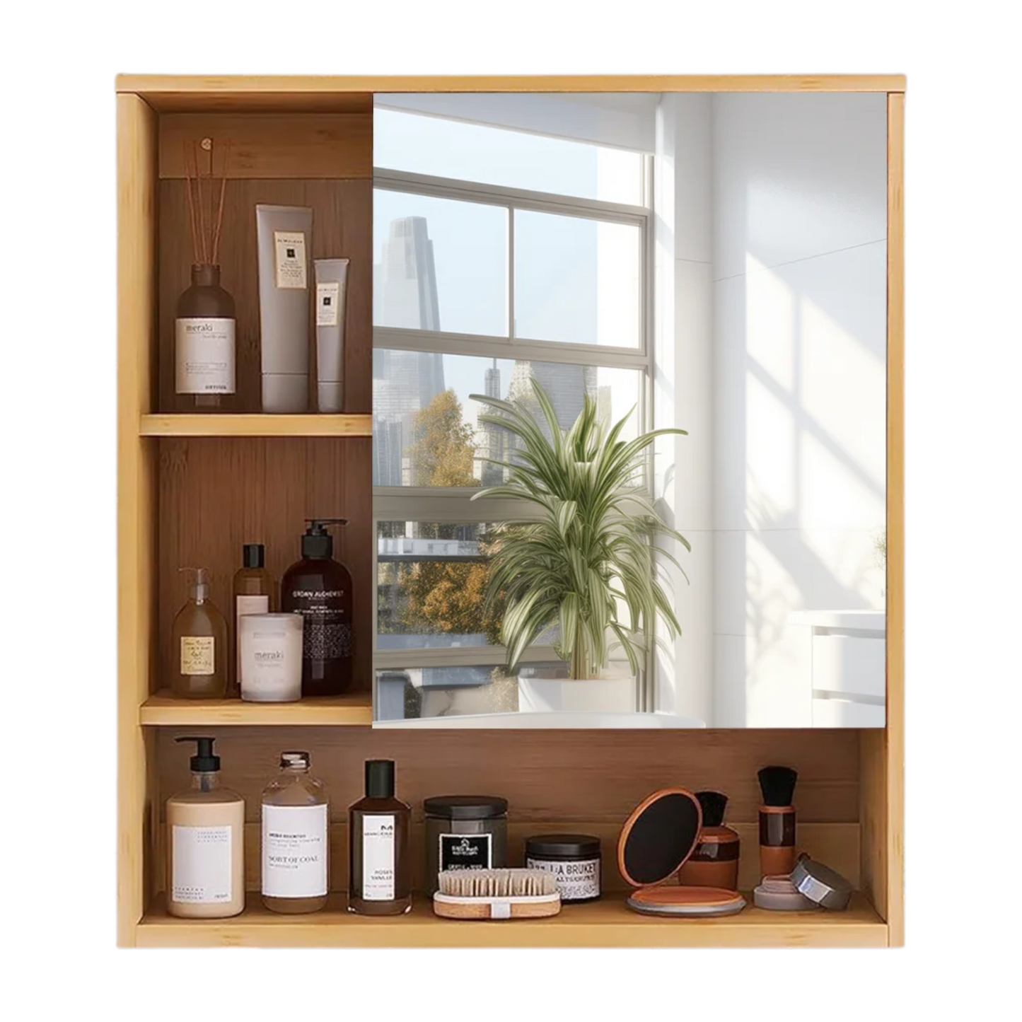 Wall Mounted Bamboo Bathroom Cabinet with Mirror and Shelves