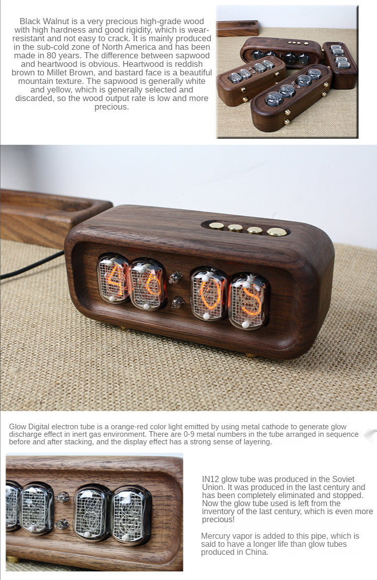 Vintage Glow Digital Tube Clock with Solid Wood Base