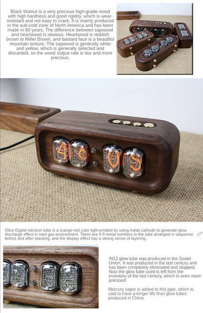 Vintage Glow Digital Tube Clock with Solid Wood Base