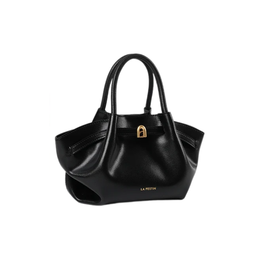 Elegant Black Leather Crossbody Purse with Bucket Shape