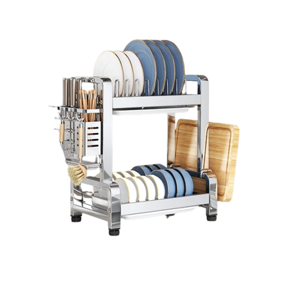 2 Tier Metal Dish Drying Rack with Utensil Holder 33cm