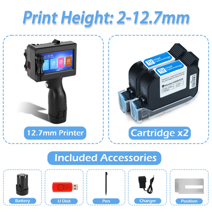 Portable Handheld Inkjet Printer 12.7mm with 2 Cartridges