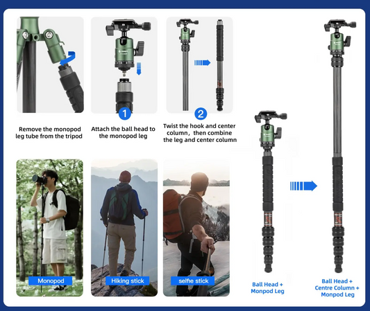 151cm Carbon Fiber Travel Tripod with Detachable Monopod Green
