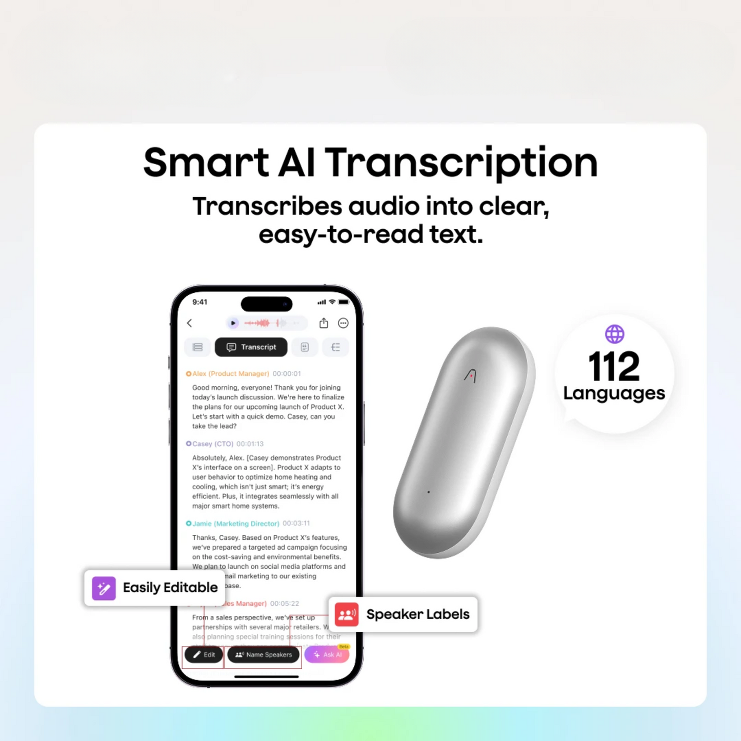 Portable Silver AI Notetaker with Instant Summarization