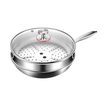 32cm Titanium Wok Flat Bottom Non-Stick Pan with Steamer