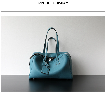 Large Leather Bowling Handbag Laptop Tote Work Bag Blue