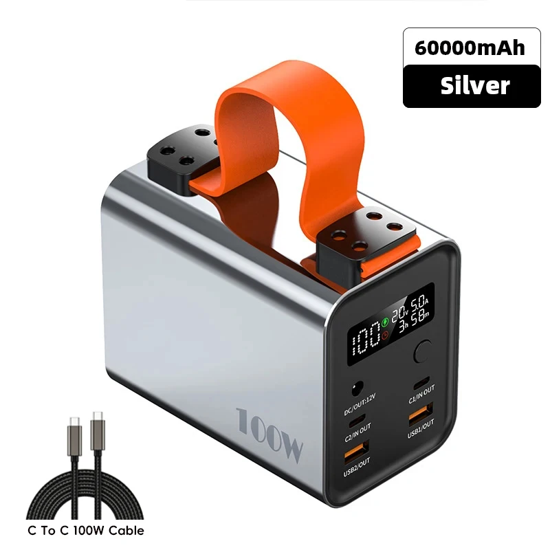 60000mAh 100W PD USB-C Portable Power Bank Silver