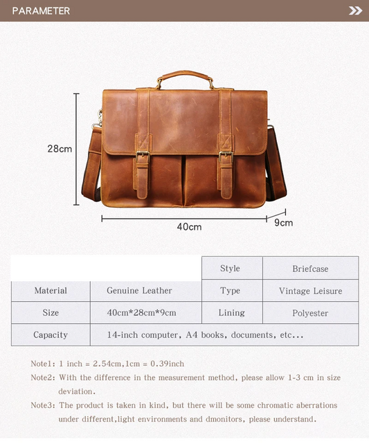 Vintage Leather Messenger Bag 14" Laptop Briefcase Coffee