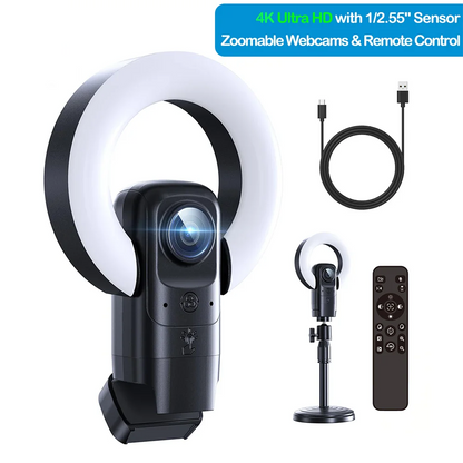 4K Streaming Webcam with AI Autofocus and Ring Light