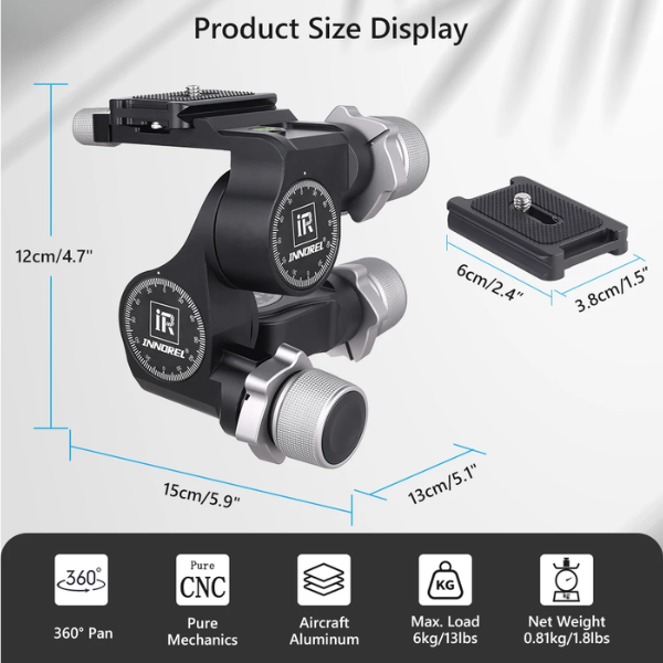 3 Way Geared Tripod Head 6kg Load CNC Aluminum