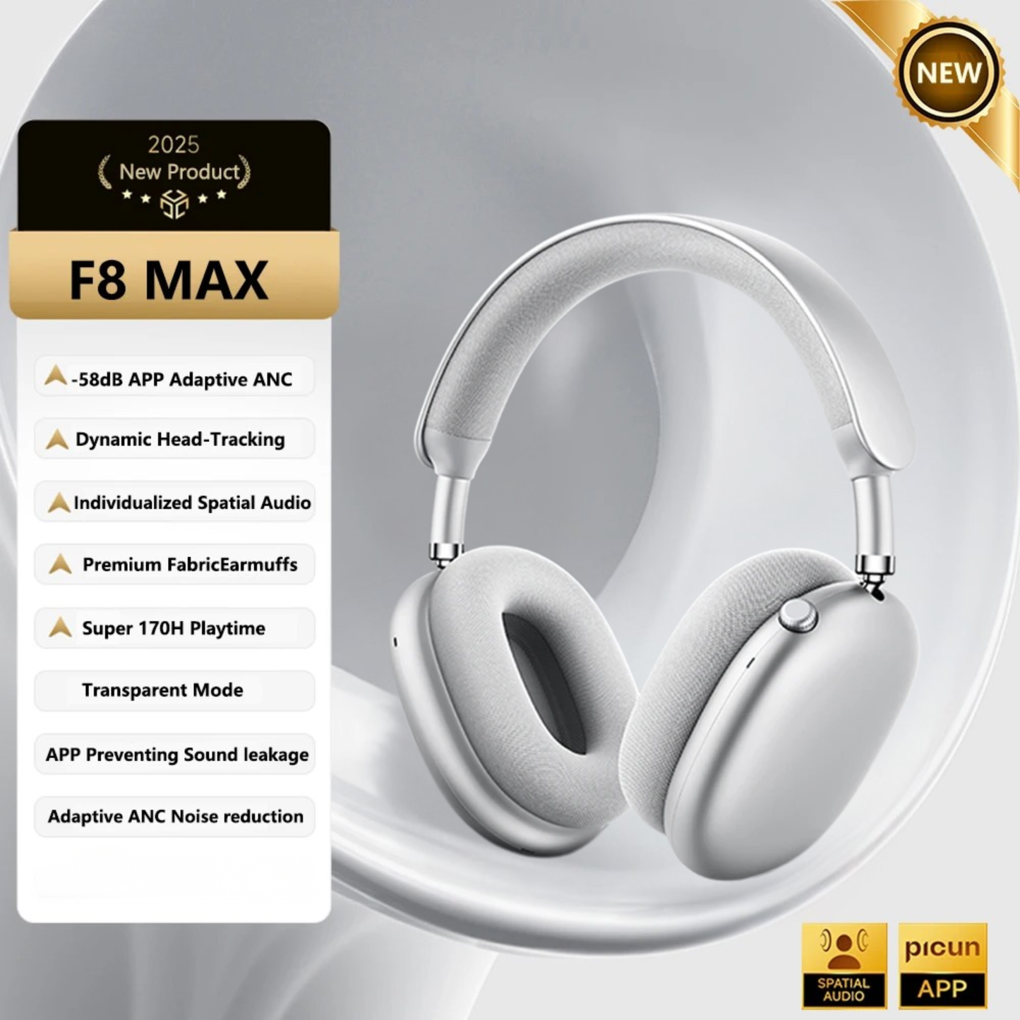 F8 MAX Silver Noise Cancelling Wireless Headset with HD Mic
