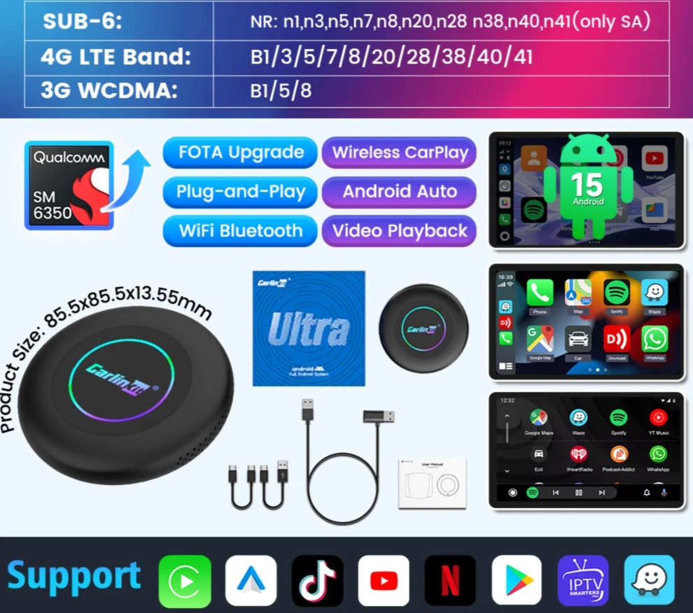 Portable Wireless Car Play Adapter with Android 15 and 8 Core CPU