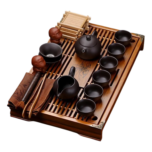 Dark Brown Ceramic Tea Set with Wooden Tray