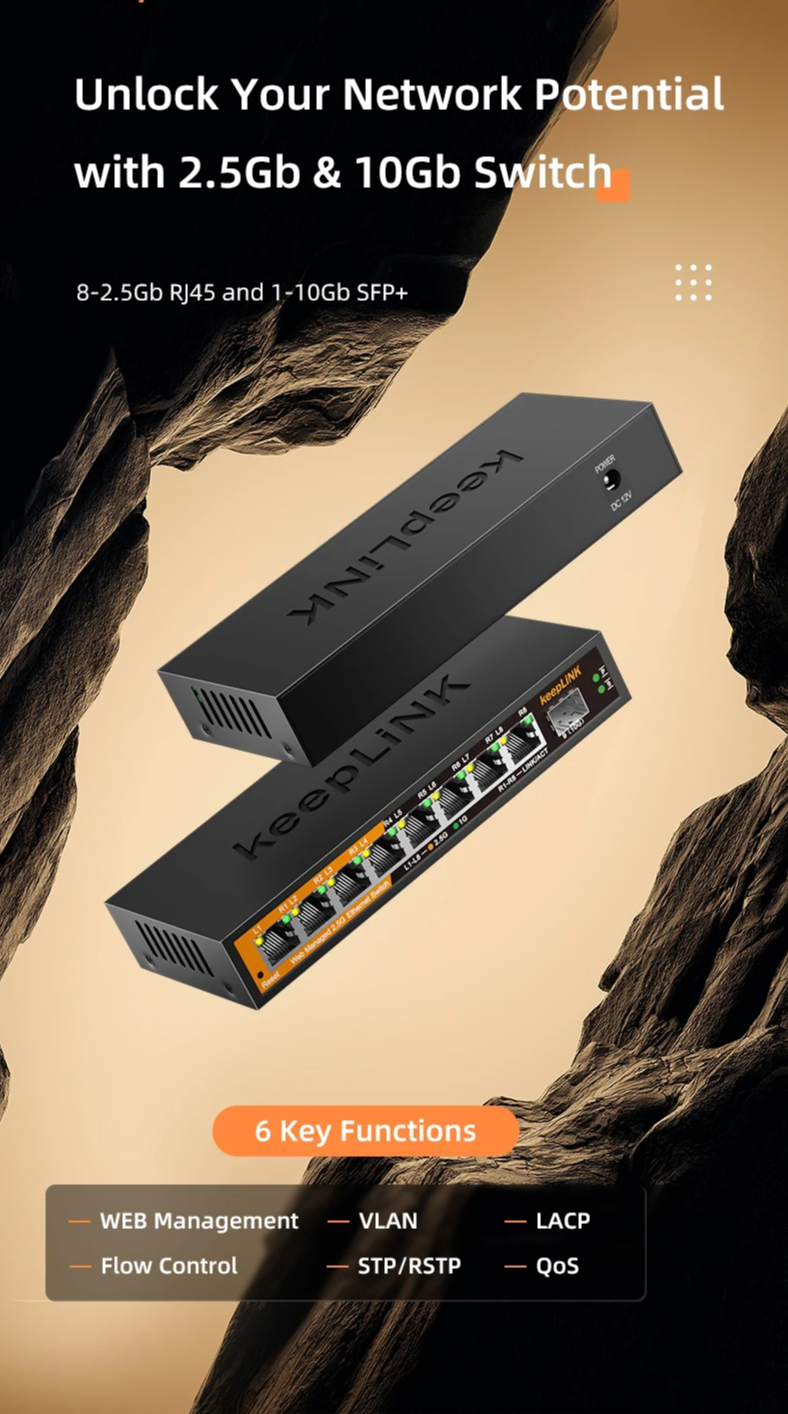 Multi Gigabit 9-Port Network Switch 2.5Gb Ethernet with 10Gb Uplink