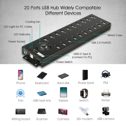 20-Port USB 2.0 Charging Hub with 12V Power Adapter