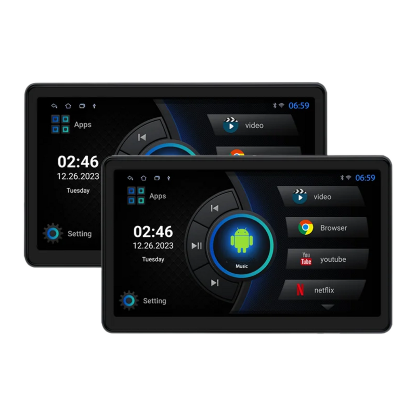 Dual 10.1" Car Headrest Screens with CarPlay and Lights