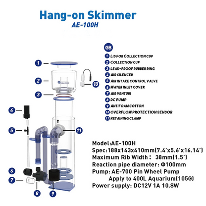 Hang-On Protein Skimmer with DC Pump for Reef Aquariums