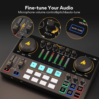 Podcast Audio Mixer Sound Card for Live Streaming and Recording