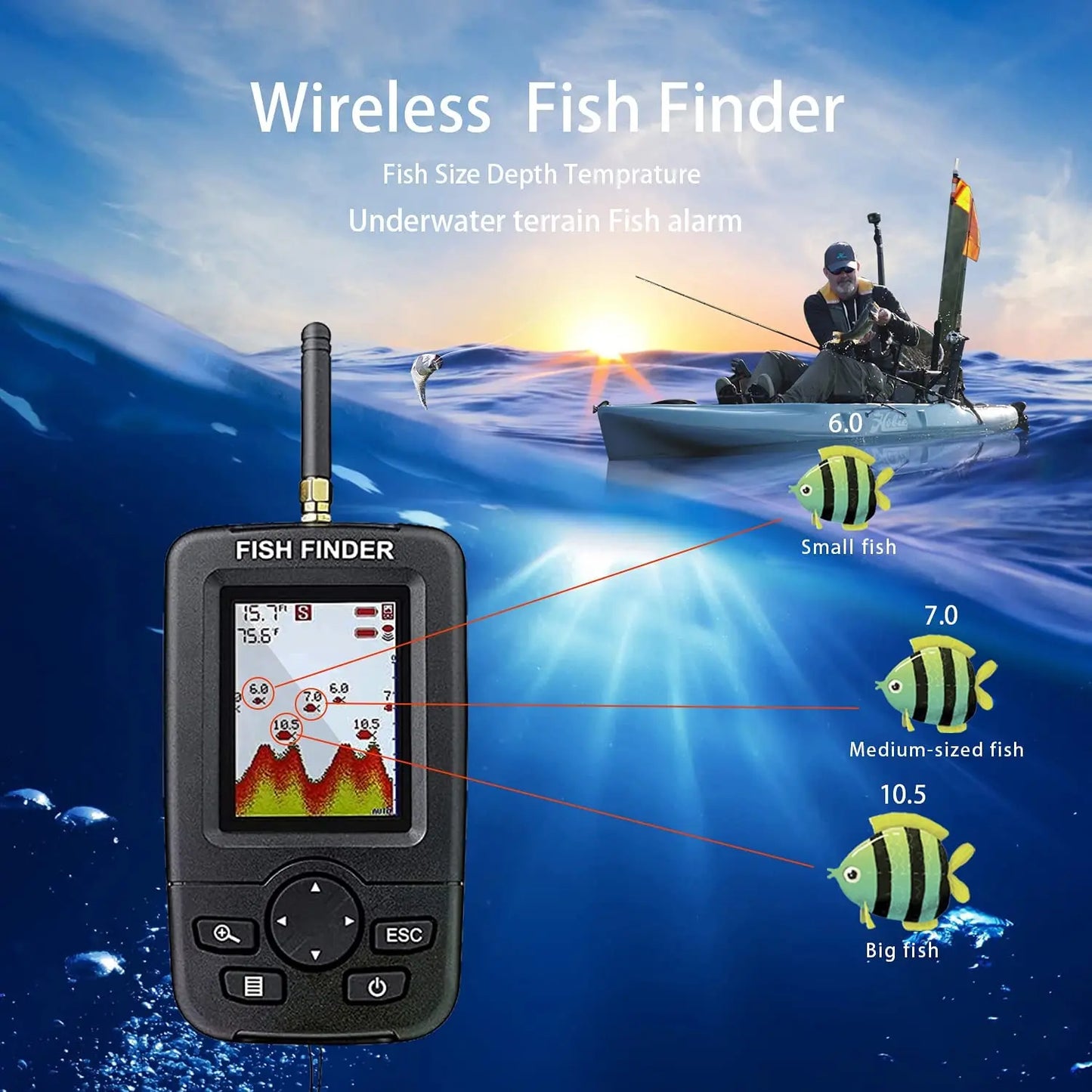 Rechargeable Fish Finder with Wireless Sensor and Depth Alert