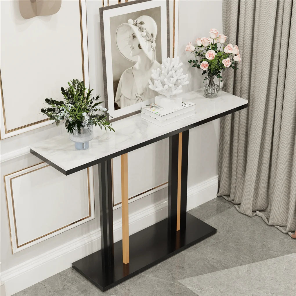 Long Marble Console Table with Durable Black Frame