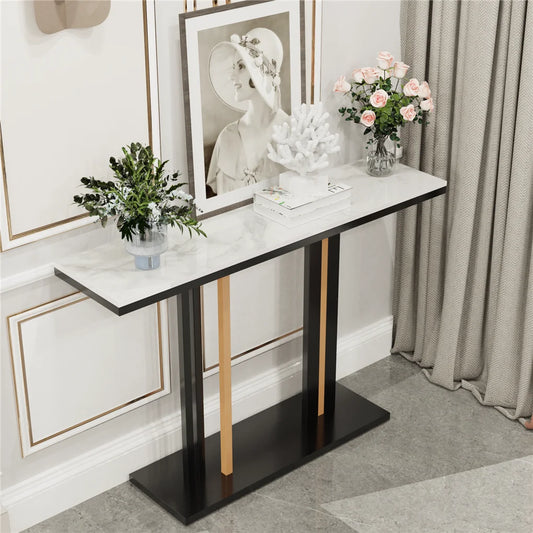 Long Marble Console Table with Durable Black Frame