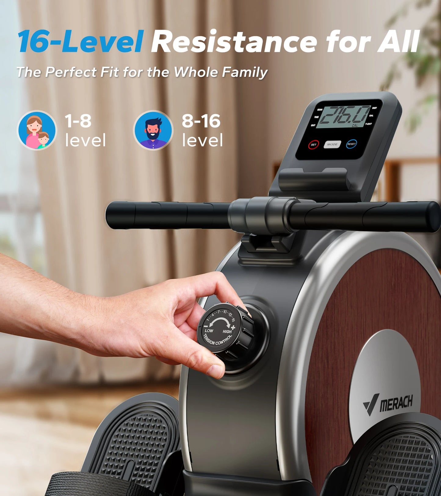 16 Level Magnetic Rowing Machine Dual Slide Rail