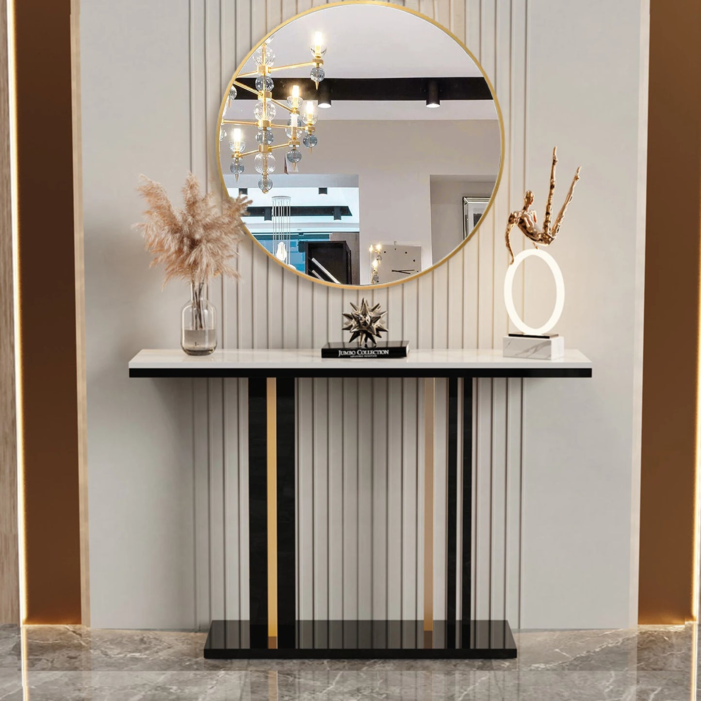 Long Marble Console Table with Durable Black Frame