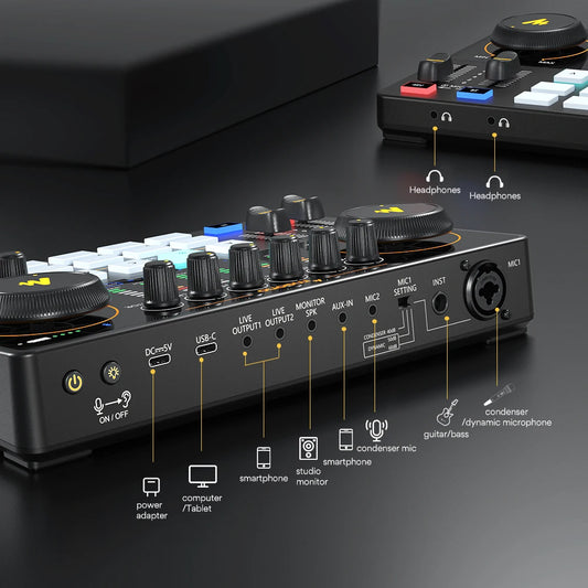 Portable Audio Interface & DJ Mixer with Sound Effects