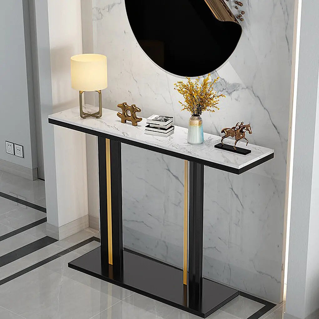 Long Marble Console Table with Durable Black Frame