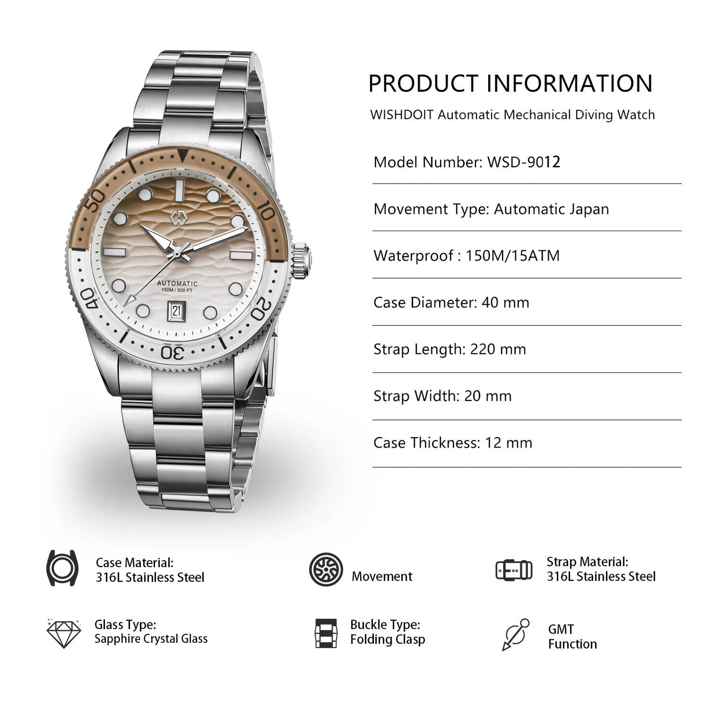 Automatic Mechanical Diver Watch 40mm 150M Waterproof Khaki