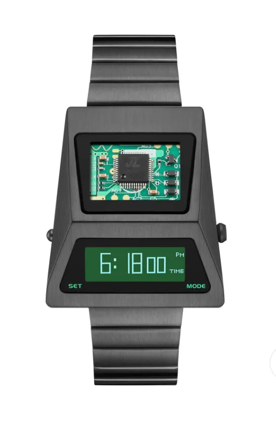 Grey Cyberpunk OLED Digital Watch Stainless Steel Band