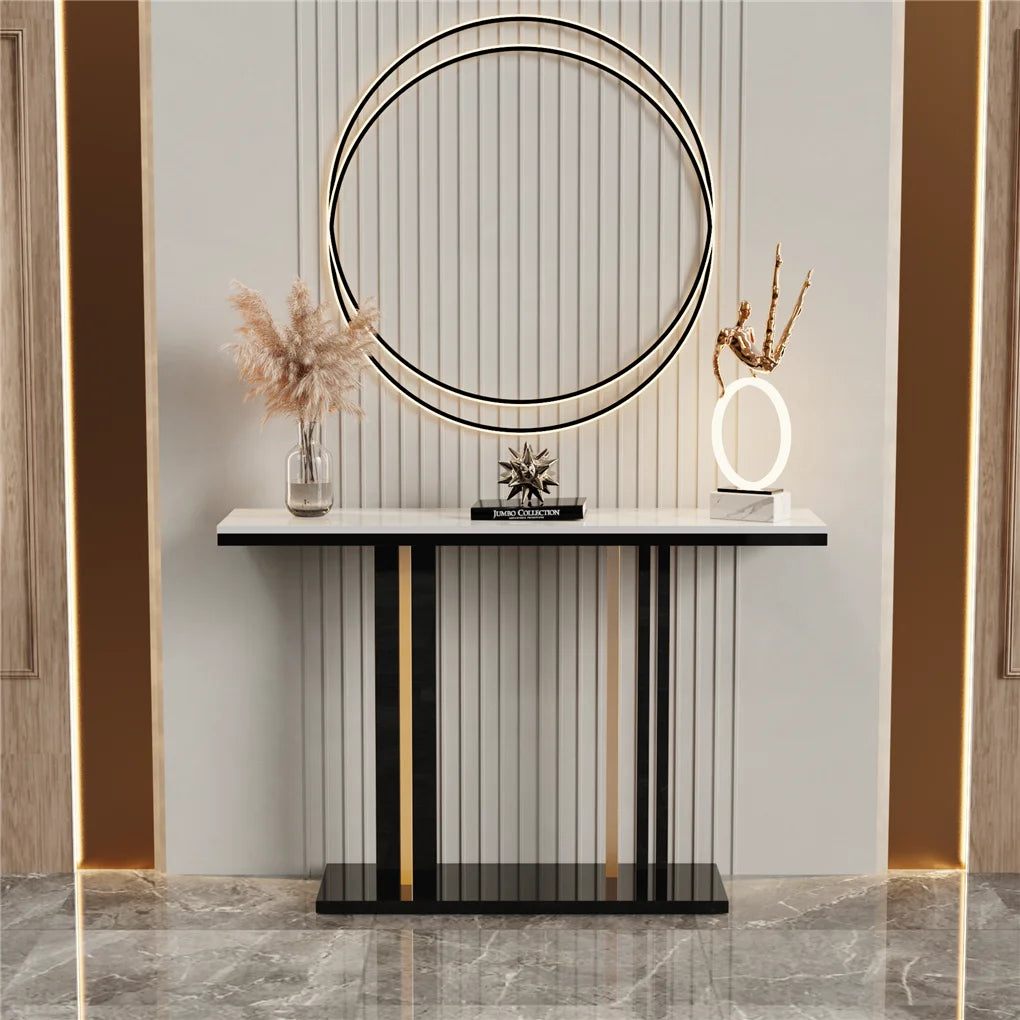 Long Marble Console Table with Durable Black Frame